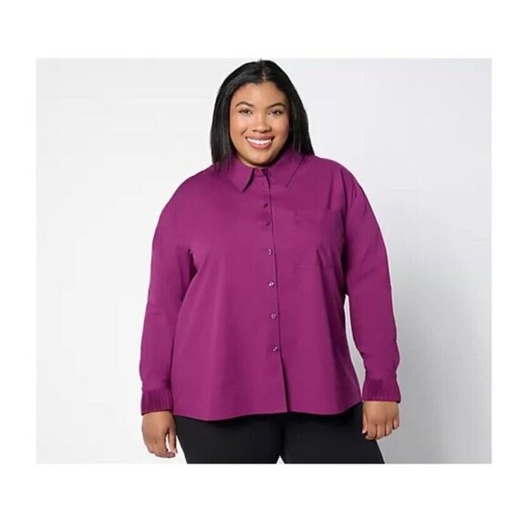 Attitudes By Renee Petite Woven Button Front Shirt Pleated Cuff‎ Size PM Purple - Picture 1 of 15